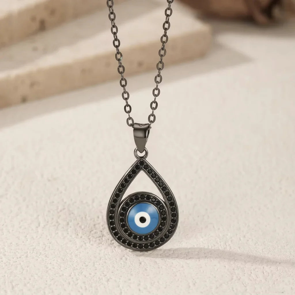 Black Sterling Silver Evil Eye & Water Drop Pendant Necklace