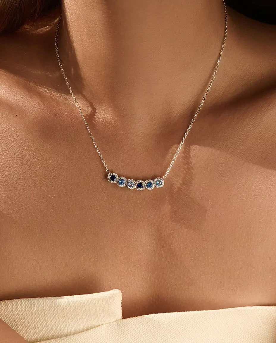 Blue Ombre Bar Necklace - Six Halo Set Blue Stones on a 34 mm Curved Bar, 925 Sterling Silver, 40 + 5 cm