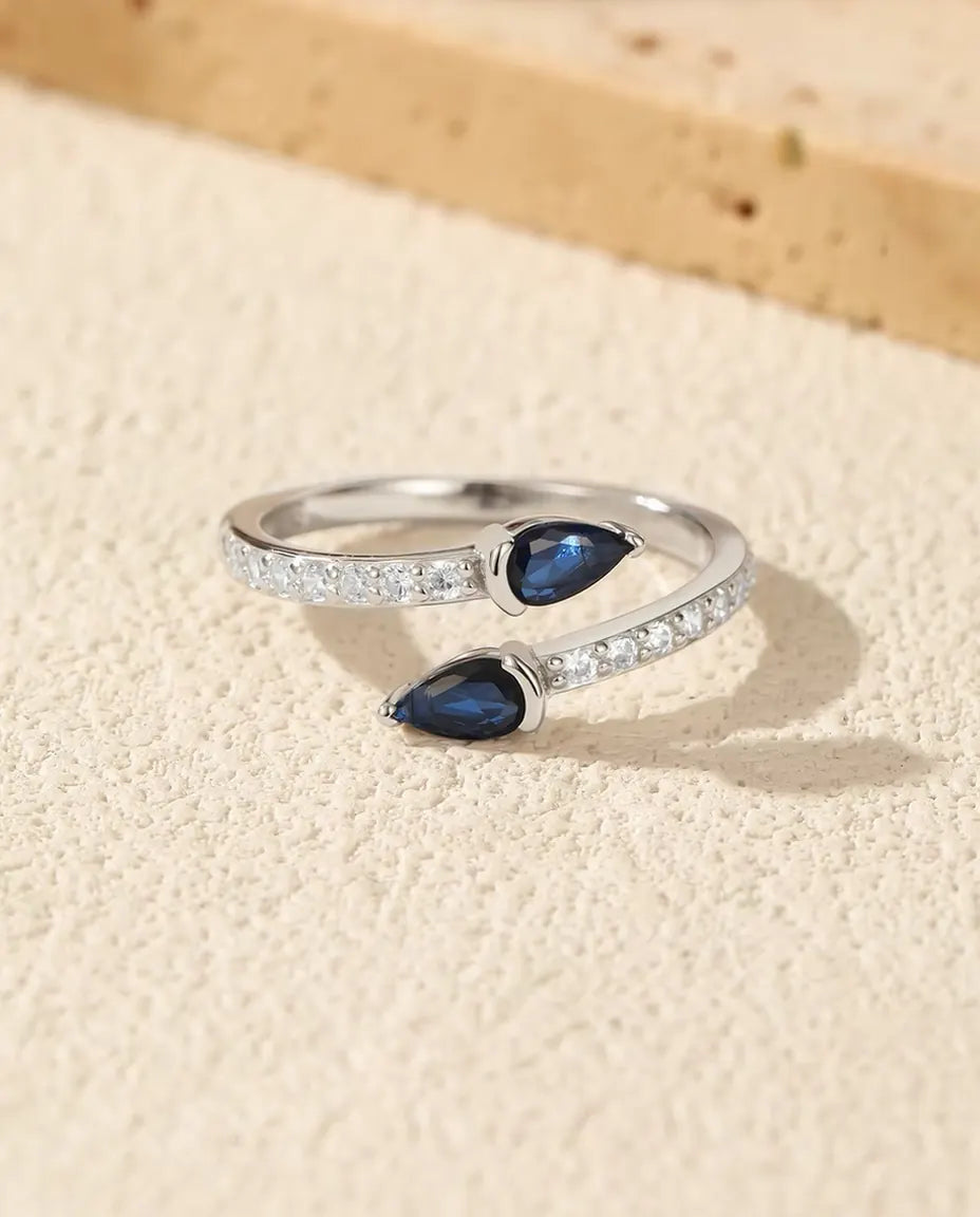 Blue Pear Bypass Ring - Two Pear Cut Blue Stones on a Pave Open Band, 925 Sterling Silver, Adjustable