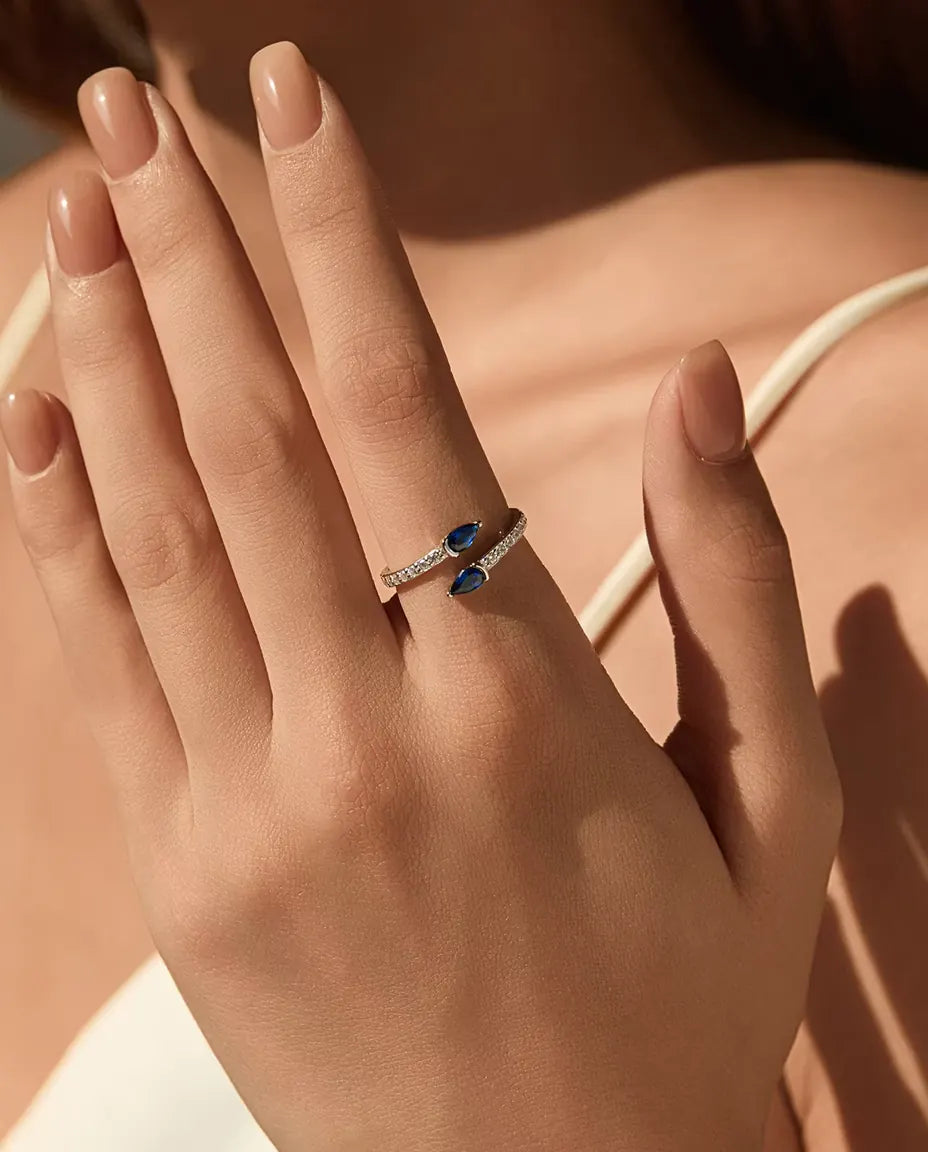 Blue Pear Bypass Ring - Two Pear Cut Blue Stones on a Pave Open Band, 925 Sterling Silver, Adjustable