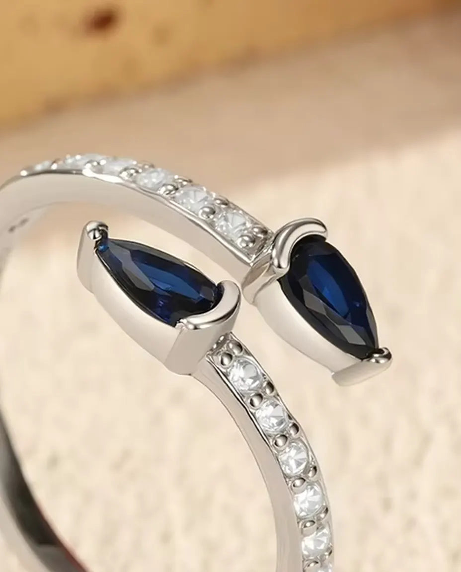 Blue Pear Bypass Ring - Two Pear Cut Blue Stones on a Pave Open Band, 925 Sterling Silver, Adjustable