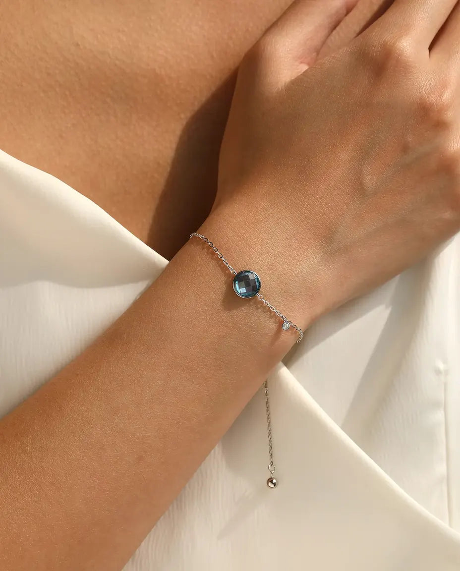 Blue Stone Bolo Bracelet for Women - 8 mm Checkerboard Cut Zirconia on an Adjustable Slider Chain, 925 Sterling Silver