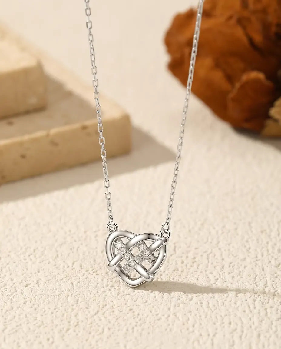 Celtic Love Knot Heart Necklace - Nine D Colour Moissanites in 925 Sterling Silver, 15.7 to 17.7 in Chain