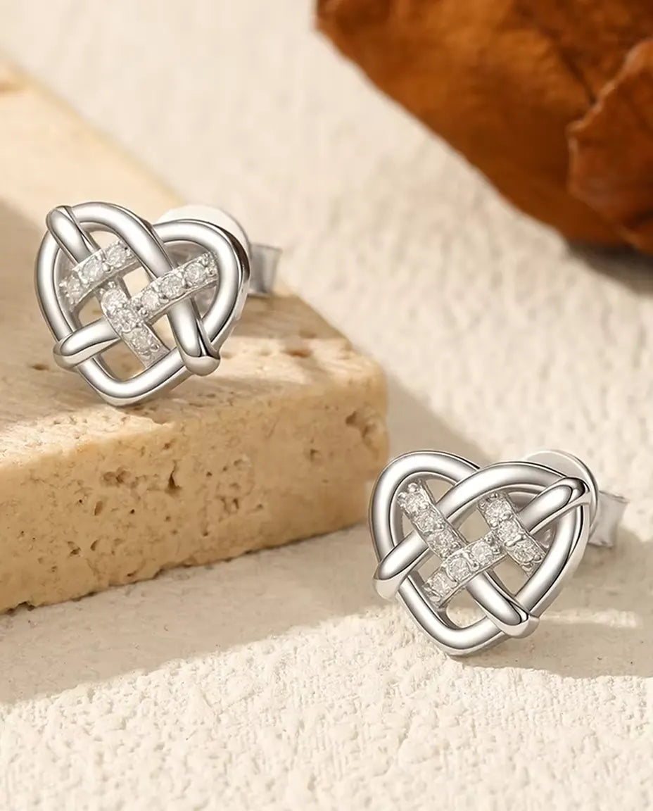Celtic Love Knot Heart Stud Earrings - Eighteen D Colour Moissanites in 925 Sterling Silver, 9 x 10 mm