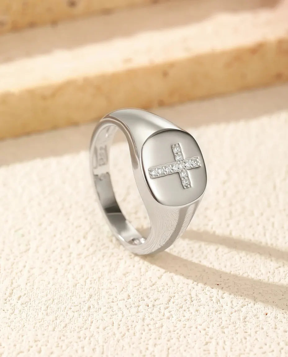Moissanite cross signet ring in 925 sterling silver with pavé D colour stones