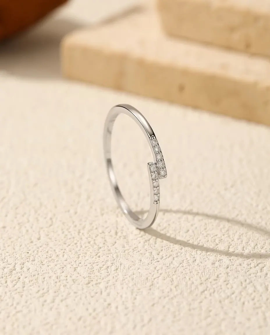 Crossover Moissanite Pave Ring - Dainty Stacking Band with 10 D Colour Stones in 925 Sterling Silver, Sizes 5-9