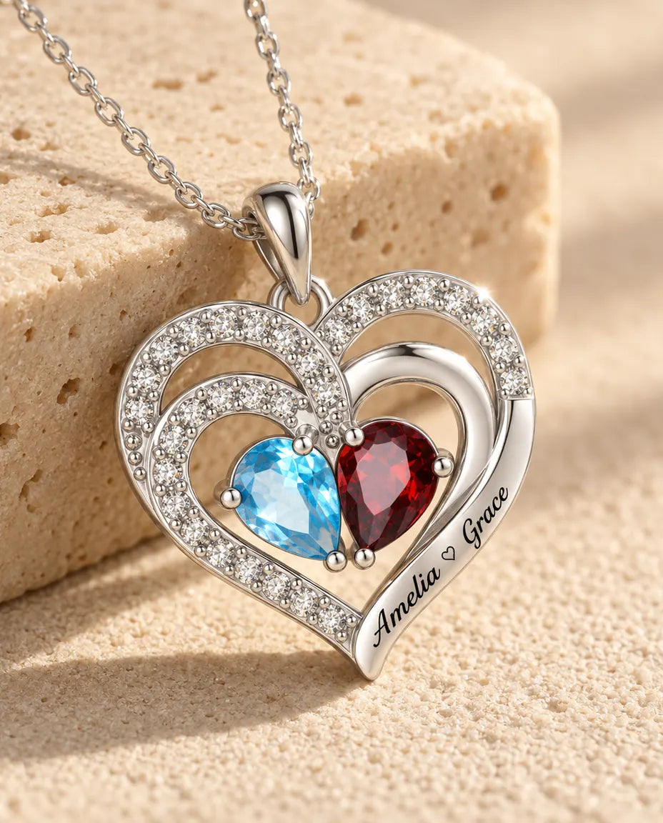 Personalised Birthstone Necklace With 2 Names - Double Heart Pendant With Two Pear Simulated Birthstones, Silver