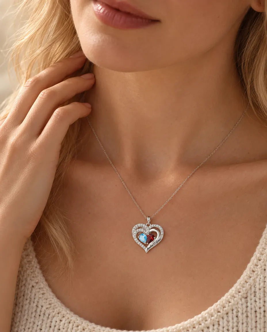 Personalised Birthstone Necklace With 2 Names - Double Heart Pendant With Two Pear Simulated Birthstones, Silver