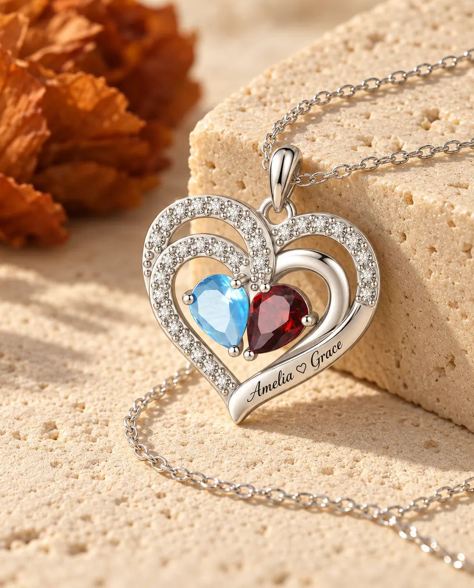 Personalised Birthstone Necklace With 2 Names - Double Heart Pendant With Two Pear Simulated Birthstones, Silver