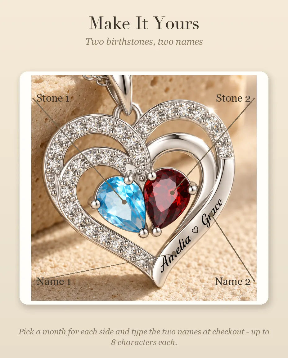Personalised Birthstone Necklace With 2 Names - Double Heart Pendant With Two Pear Simulated Birthstones, Silver