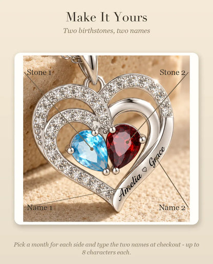 Personalised Birthstone Necklace With 2 Names - Double Heart Pendant With Two Pear Simulated Birthstones, Silver