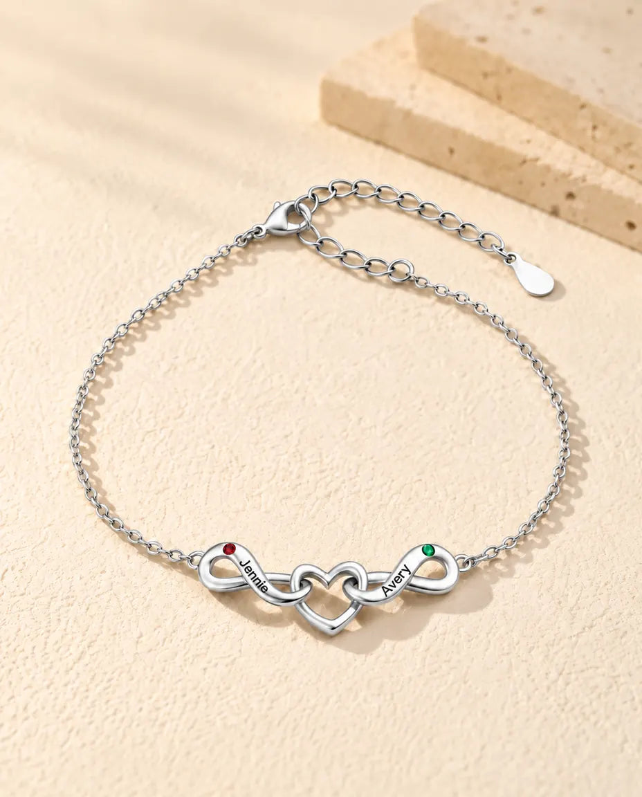 Personalised Infinity Bracelet With 2 Names - Double Infinity and Heart With Two Simulated Birthstones - front view