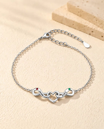 Personalised Infinity Bracelet With 2 Names - Double Infinity and Heart With Two Simulated Birthstones - front view