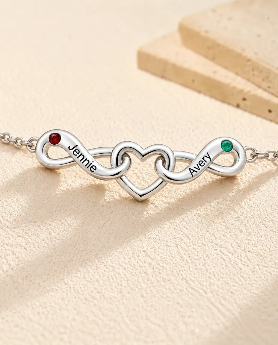 Personalised Infinity Bracelet With 2 Names - Double Infinity and Heart With Two Simulated Birthstones - close-up of the engraved names and birthstones