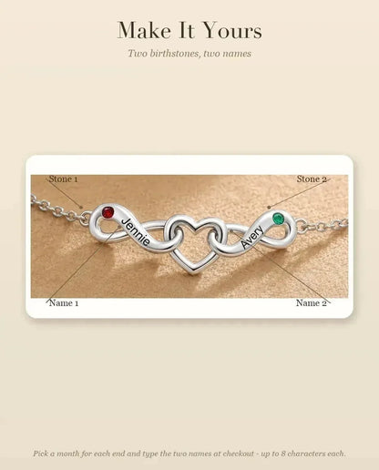 Personalised Infinity Bracelet With 2 Names - Double Infinity and Heart With Two Simulated Birthstones - personalisation guide: names and birthstones