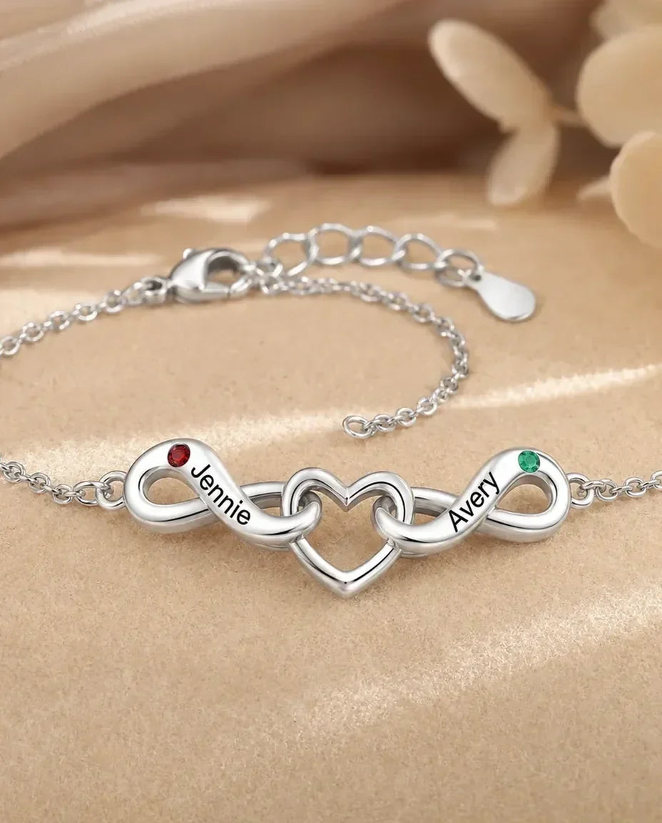 Personalised Infinity Bracelet With 2 Names - Double Infinity and Heart With Two Simulated Birthstones, Silver