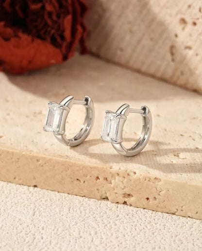 Emerald Cut Moissanite Huggie Earrings - 0.80 ct 4 x 6 mm Stone per Earring, 11.5 mm Hoops, 925 Sterling Silver
