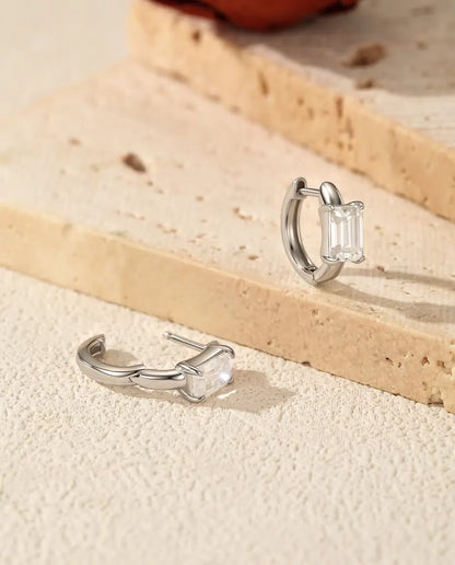 Emerald Cut Moissanite Huggie Earrings - 0.80 ct 4 x 6 mm Stone per Earring, 11.5 mm Hoops, 925 Sterling Silver