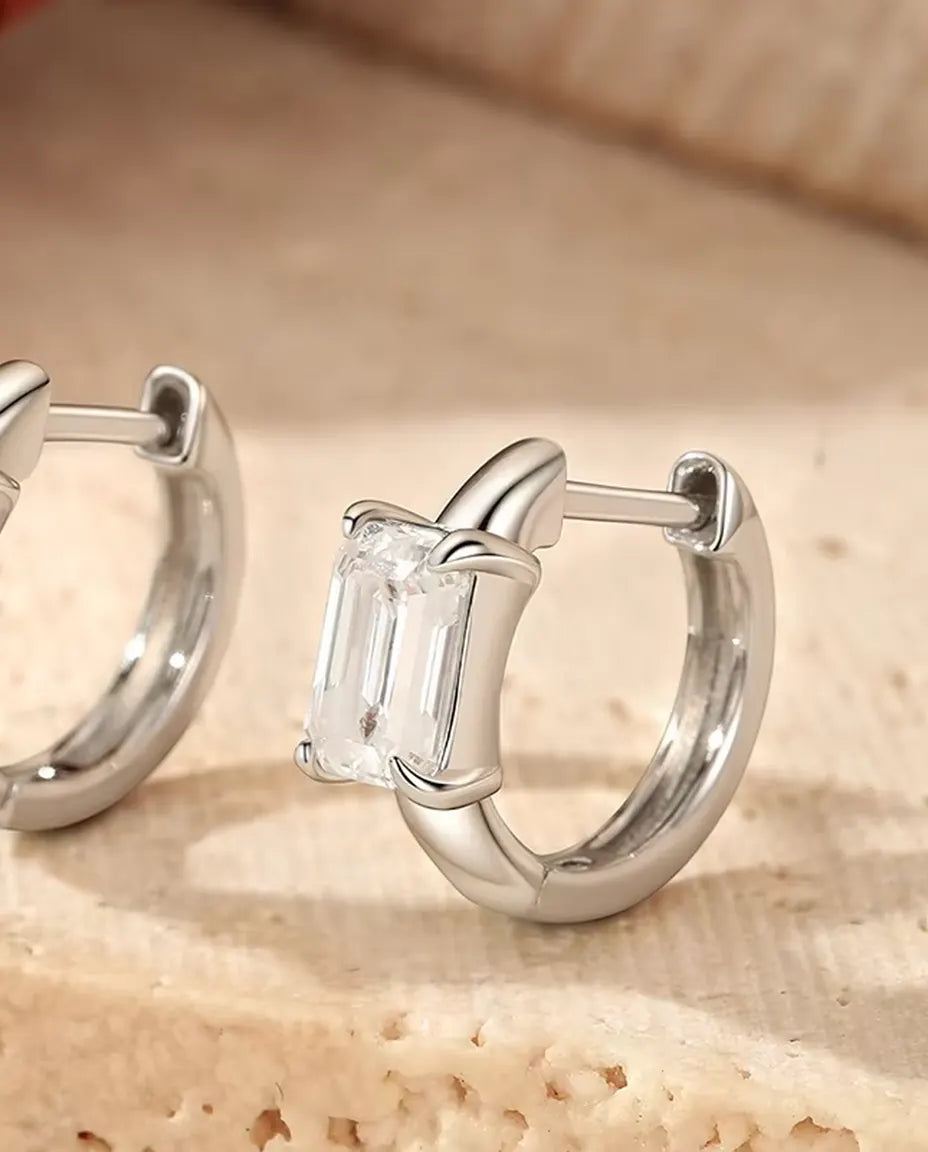 Emerald Cut Moissanite Huggie Earrings - 0.80 ct 4 x 6 mm Stone per Earring, 11.5 mm Hoops, 925 Sterling Silver