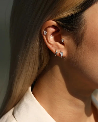 Emerald Cut Moissanite Huggie Earrings - 0.80 ct 4 x 6 mm Stone per Earring, 11.5 mm Hoops, 925 Sterling Silver