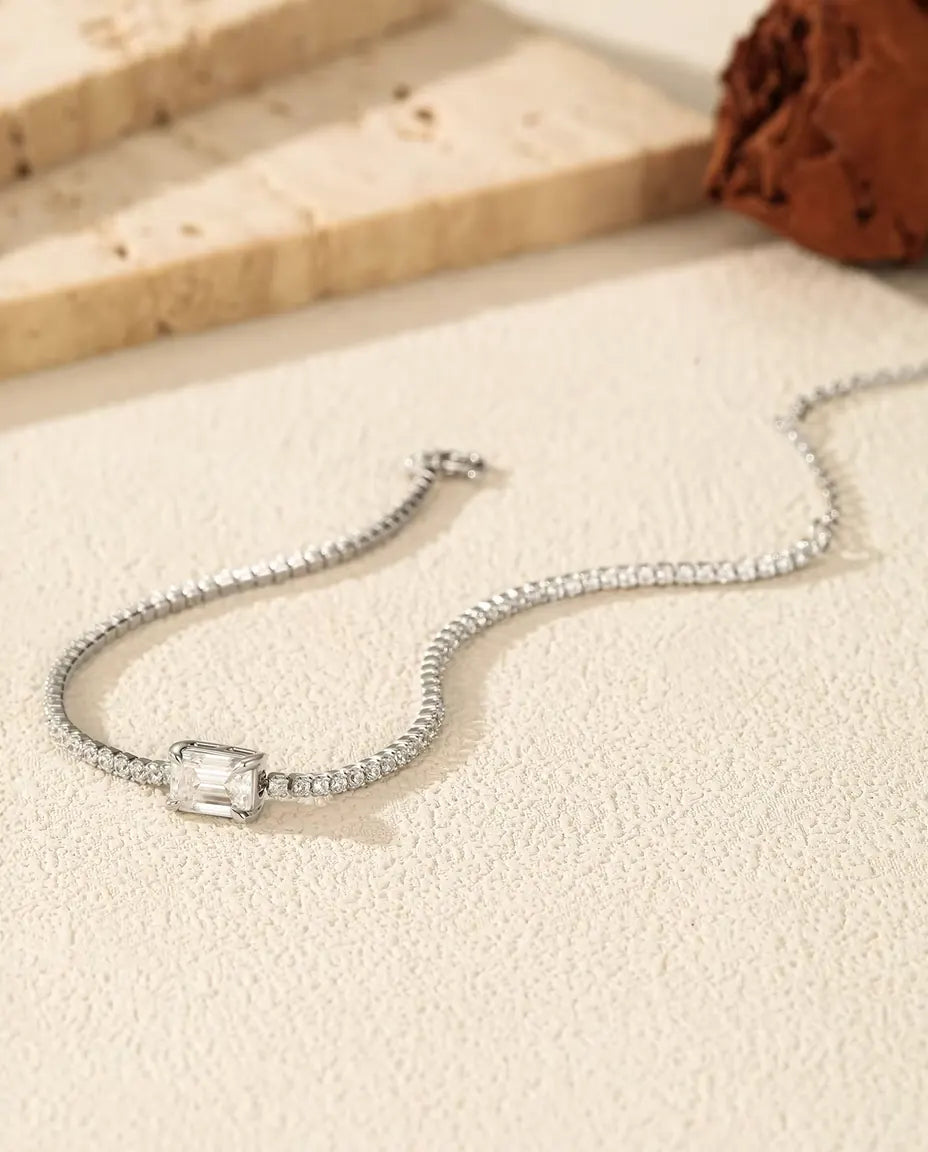 Emerald Cut Moissanite Tennis Bracelet - 1 ct D Colour Centre Stone, 925 Sterling Silver, 16 + 5 cm Adjustable