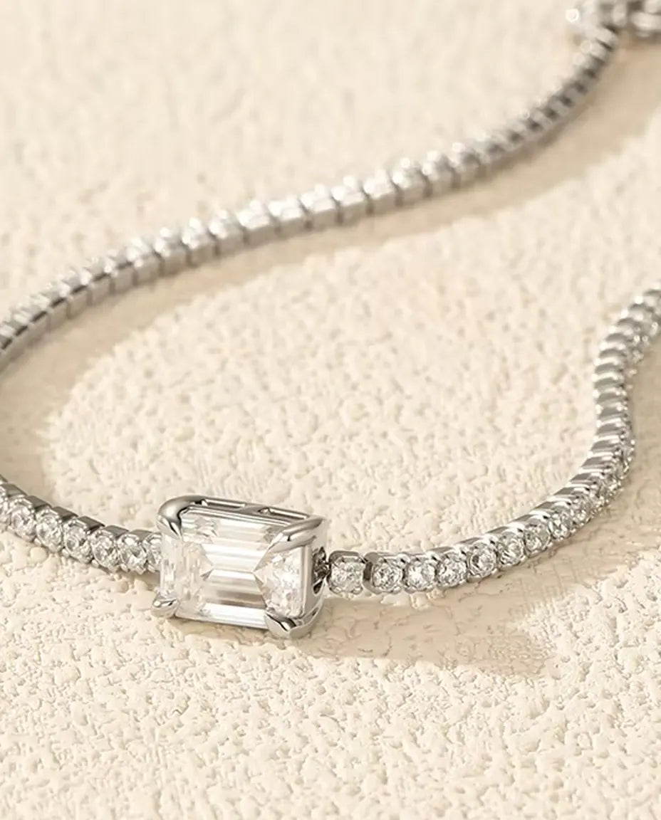 Emerald Cut Moissanite Tennis Bracelet - 1 ct D Colour Centre Stone, 925 Sterling Silver, 16 + 5 cm Adjustable