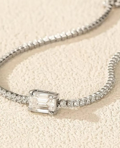 Emerald Cut Moissanite Tennis Bracelet - 1 ct D Colour Centre Stone, 925 Sterling Silver, 16 + 5 cm Adjustable