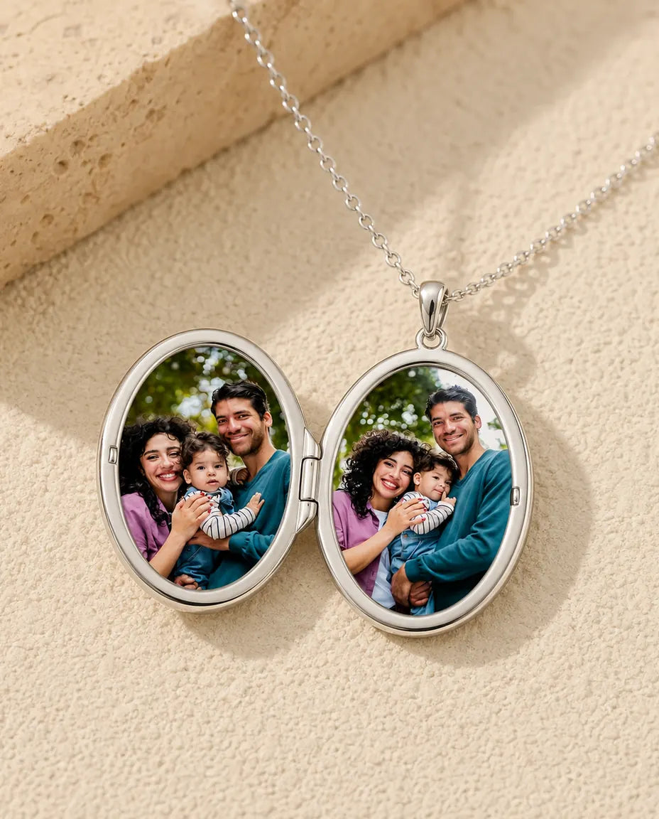 Engravable Photo Locket Necklace That Holds 2 Pictures - Personalised Oval Locket With Mother of Pearl Back, Silver or Gold