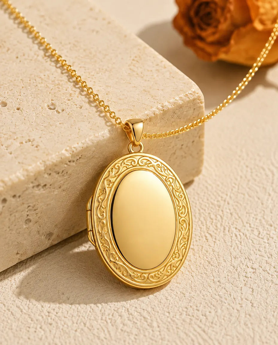 Engravable Photo Locket Necklace That Holds 2 Pictures - Personalised Oval Locket With Mother of Pearl Back, Silver or Gold
