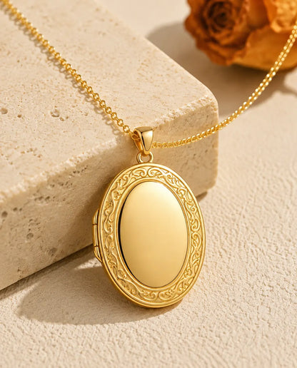 Engravable Photo Locket Necklace That Holds 2 Pictures - Personalised Oval Locket With Mother of Pearl Back, Silver or Gold