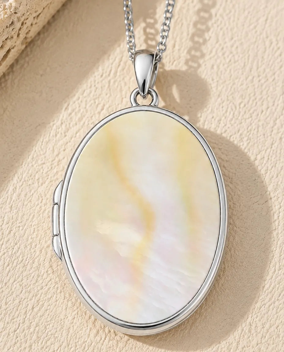 Engravable Photo Locket Necklace That Holds 2 Pictures - Personalised Oval Locket With Mother of Pearl Back, Silver or Gold