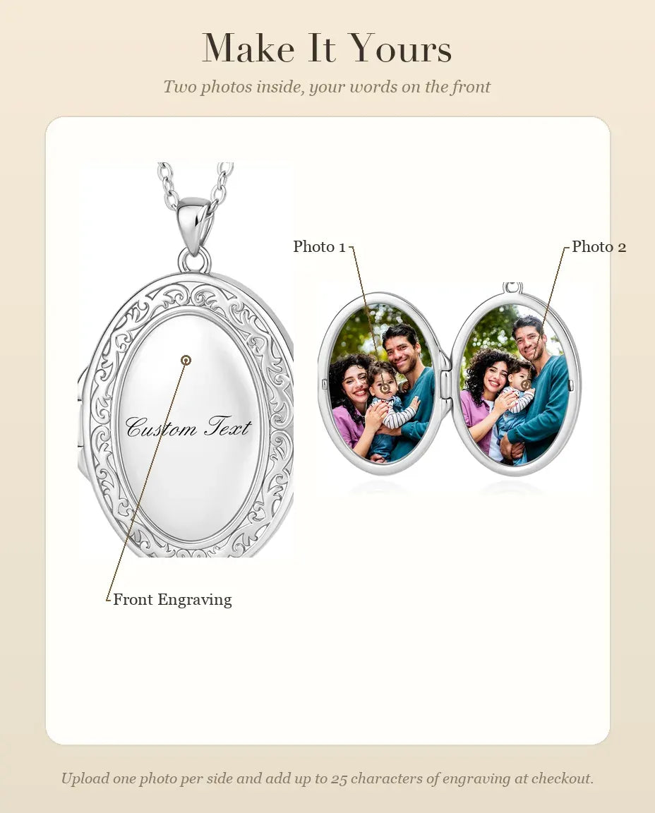 Engravable Photo Locket Necklace That Holds 2 Pictures - Personalised Oval Locket With Mother of Pearl Back, Silver or Gold