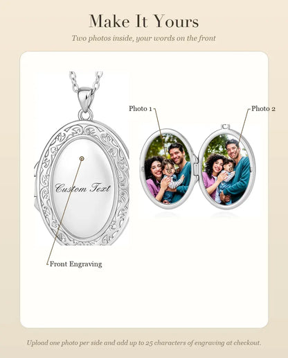 Engravable Photo Locket Necklace That Holds 2 Pictures - Personalised Oval Locket With Mother of Pearl Back, Silver or Gold