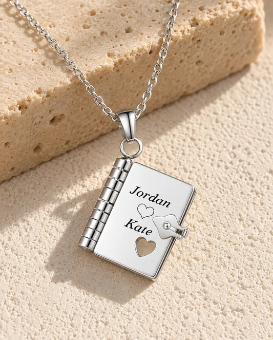 Personalised Book Locket Necklace - Engraved Mini Notebook Pendant With 3 Custom Messages, Stainless Steel in Silver or Gold