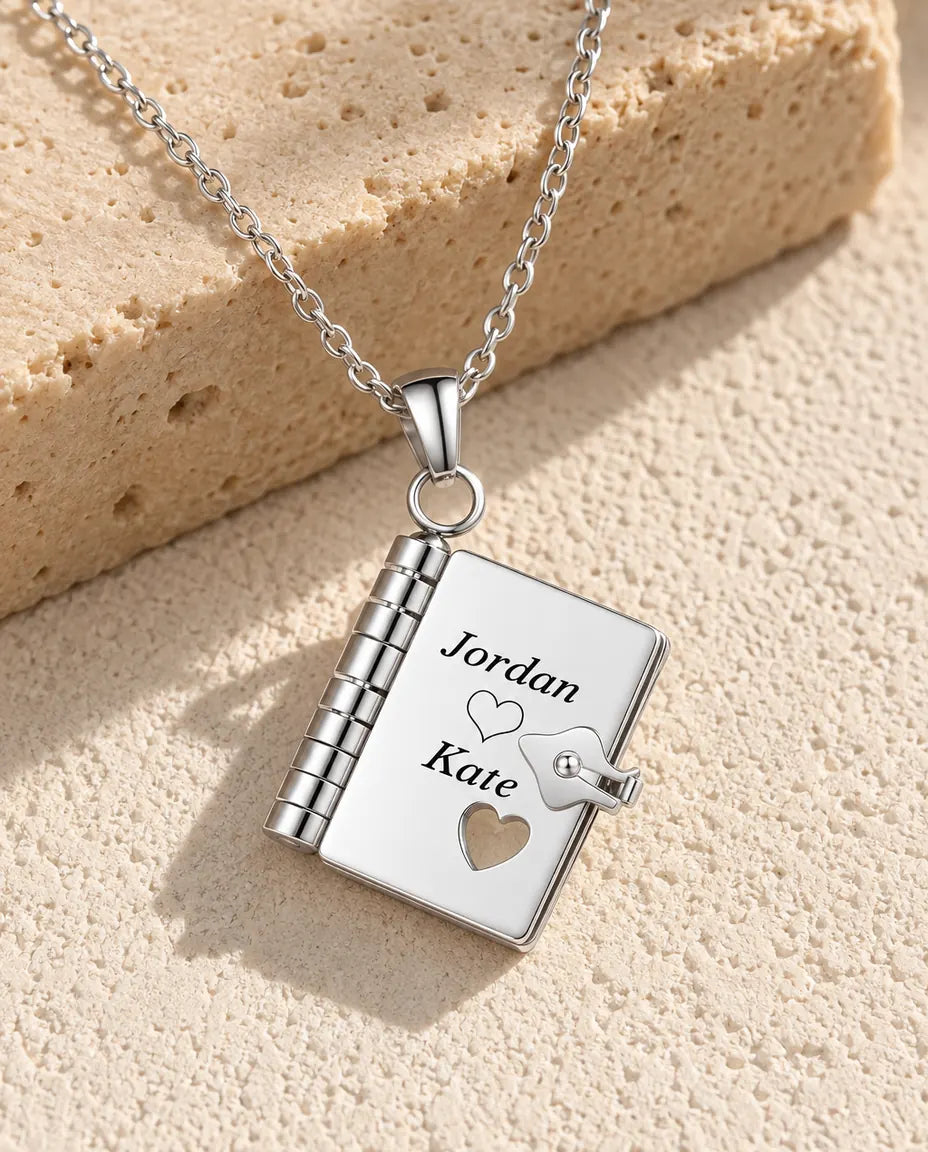 Personalised Book Locket Necklace - Engraved Mini Notebook Pendant With 3 Custom Messages, Stainless Steel in Silver or Gold