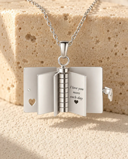 Personalised Book Locket Necklace - Engraved Mini Notebook Pendant With 3 Custom Messages, Stainless Steel in Silver or Gold