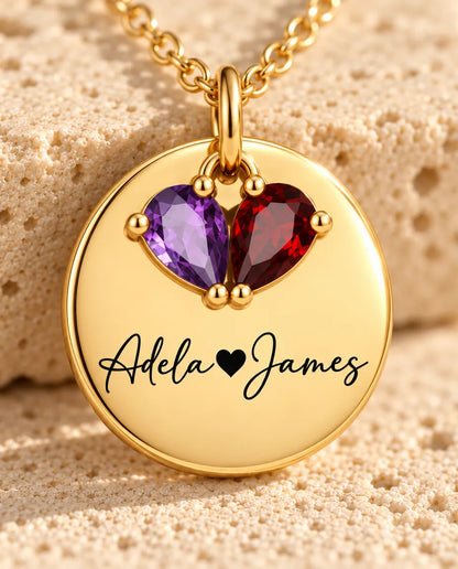 Personalised Birthstone Necklace With 2 Names - Engraved Gold Disc Pendant With Two Simulated Birthstones