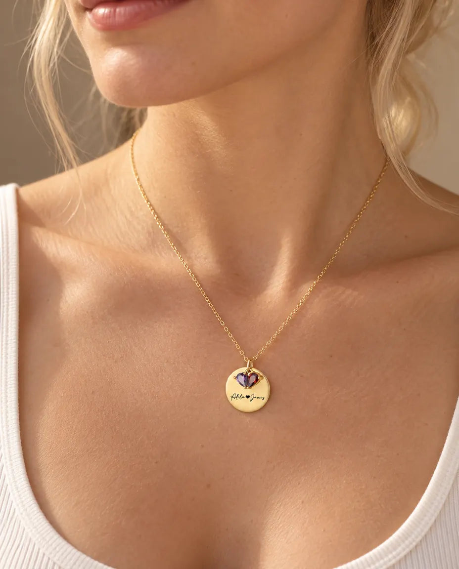 Personalised Birthstone Necklace With 2 Names - Engraved Gold Disc Pendant With Two Simulated Birthstones