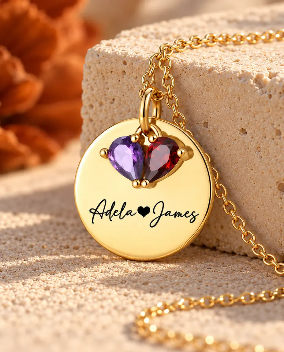 Personalised Birthstone Necklace With 2 Names - Engraved Gold Disc Pendant With Two Simulated Birthstones