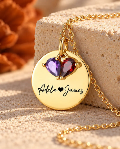 Personalised Birthstone Necklace With 2 Names - Engraved Gold Disc Pendant With Two Simulated Birthstones