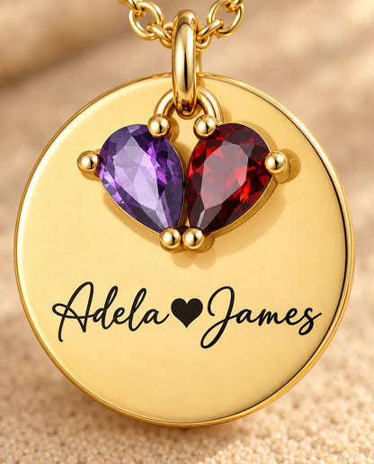 Personalised Birthstone Necklace With 2 Names - Engraved Gold Disc Pendant With Two Simulated Birthstones