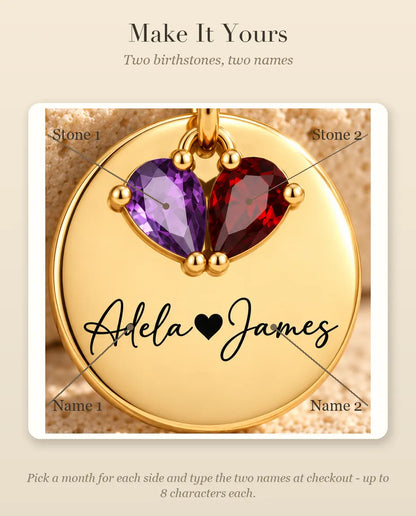Personalised Birthstone Necklace With 2 Names - Engraved Gold Disc Pendant With Two Simulated Birthstones