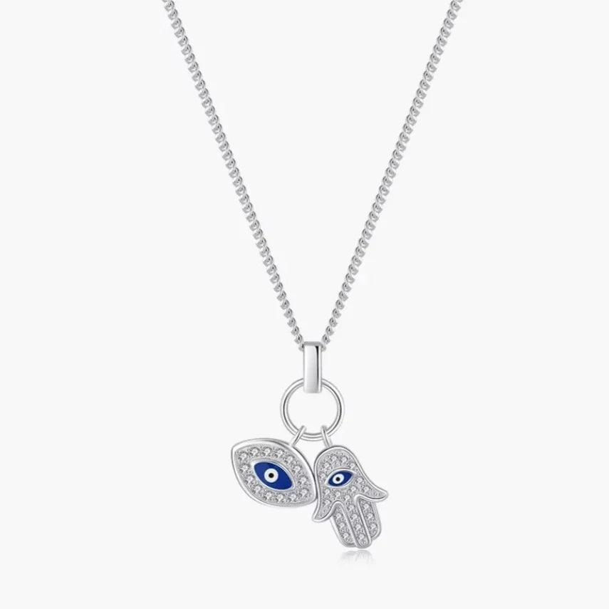 Evil Eye and Hamsa Hand Necklace Sterling Silver - Evil Eye and Hamsa Hand Choker Necklace