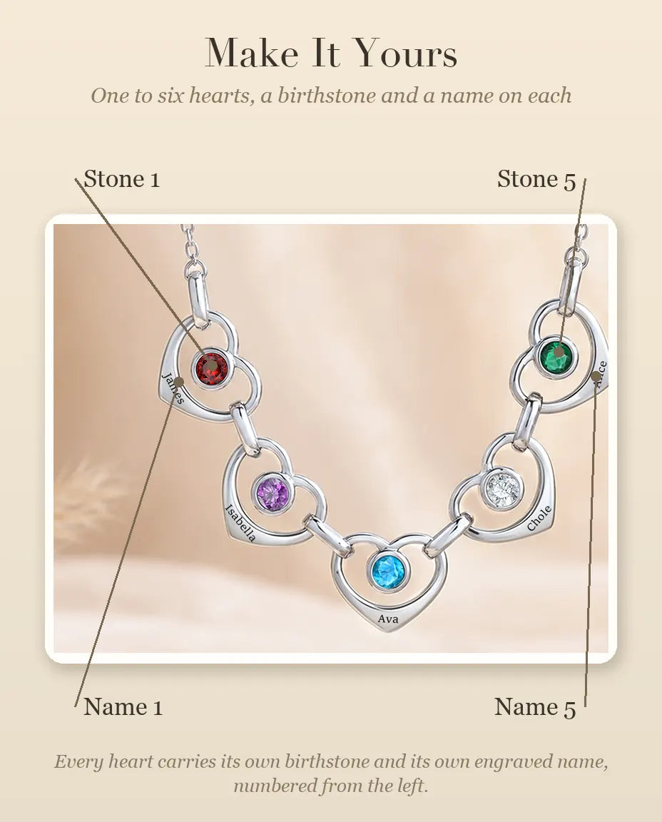 Personalised Family Birthstone Necklace With 1-6 Names - Linked Hearts With Simulated Birthstones, Silver