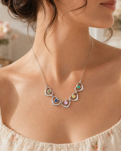 Personalised Family Birthstone Necklace With 1-6 Names - Linked Hearts With Simulated Birthstones, Silver