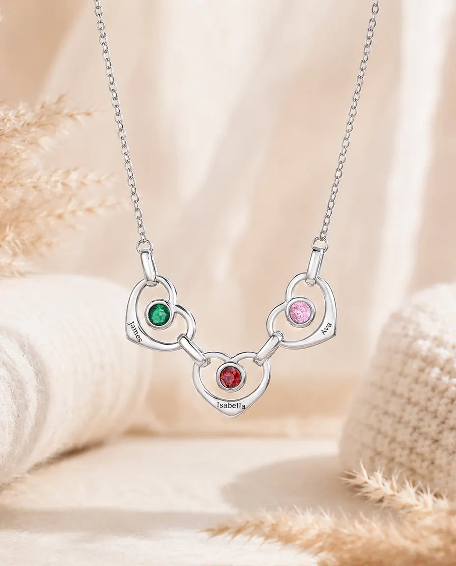 Personalised Family Birthstone Necklace With 1-6 Names - Linked Hearts With Simulated Birthstones, Silver