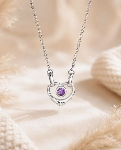 Personalised Family Birthstone Necklace With 1-6 Names - Linked Hearts With Simulated Birthstones, Silver