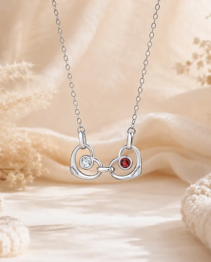 Personalised Family Birthstone Necklace With 1-6 Names - Linked Hearts With Simulated Birthstones, Silver
