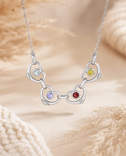 Personalised Family Birthstone Necklace With 1-6 Names - Linked Hearts With Simulated Birthstones, Silver