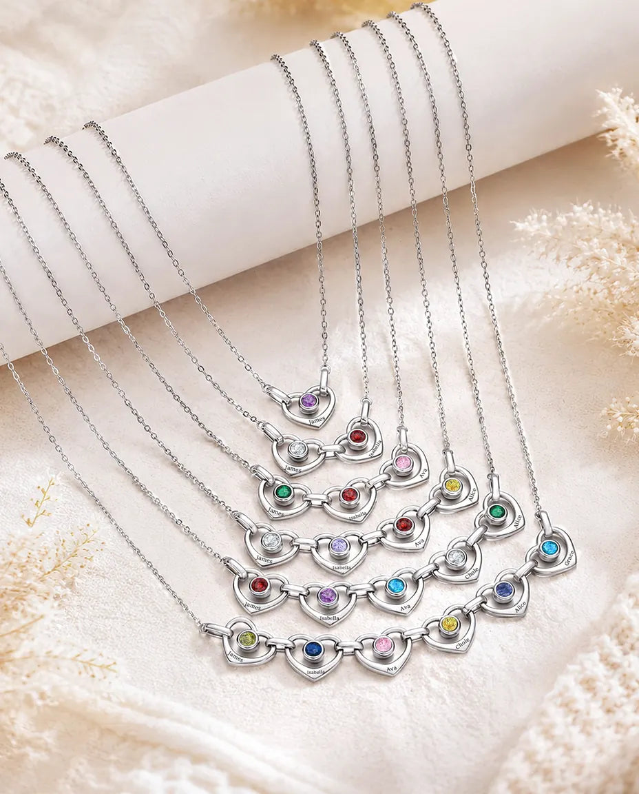 Personalised Family Birthstone Necklace With 1-6 Names - Linked Hearts With Simulated Birthstones, Silver